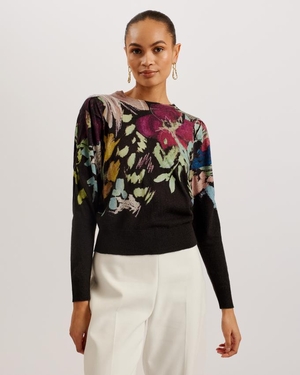 Chandail Ted Baker Floral Pleated Long Sleeve Noir Femme | XFS-13934059